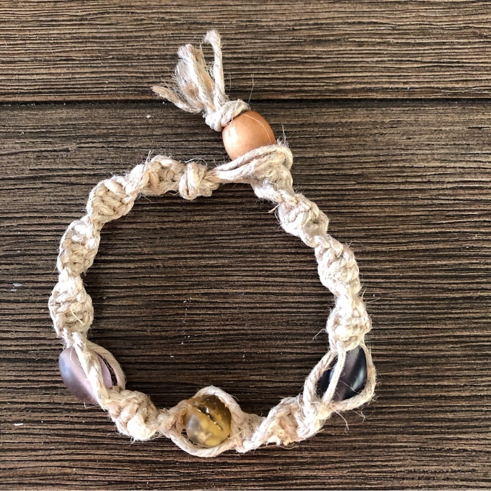 Handmade hemp and purple, yellow glass beads bracelet